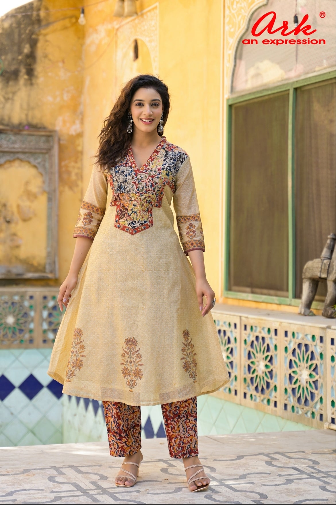 Beige Chanderi Suit Dupatta Set with Ajrak Patchwork & Printed Trouser – Festive & Semi-Formal Wear (M-3XL)