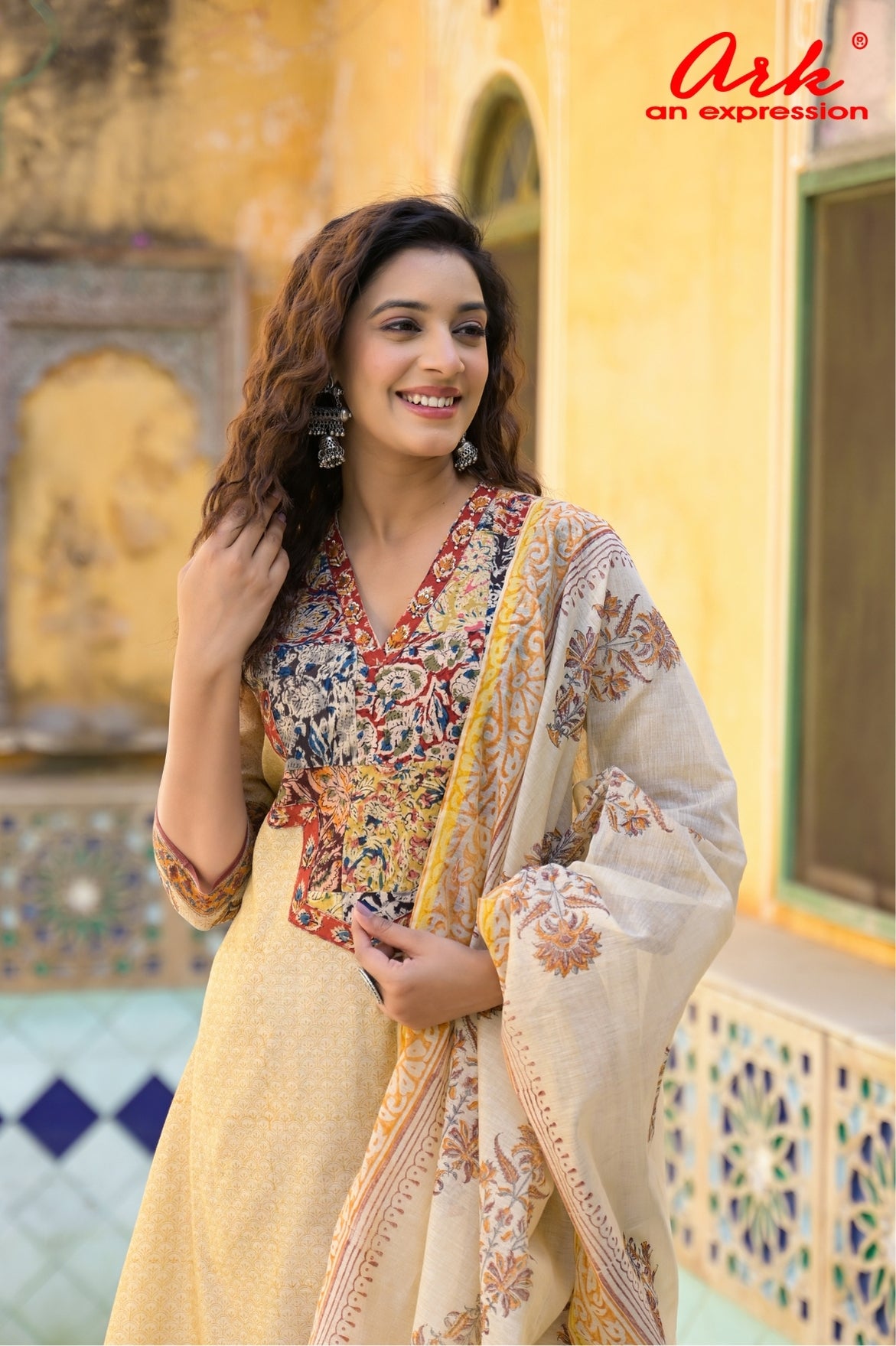 Beige Chanderi Suit Dupatta Set with Ajrak Patchwork & Printed Trouser – Festive & Semi-Formal Wear (M-3XL)