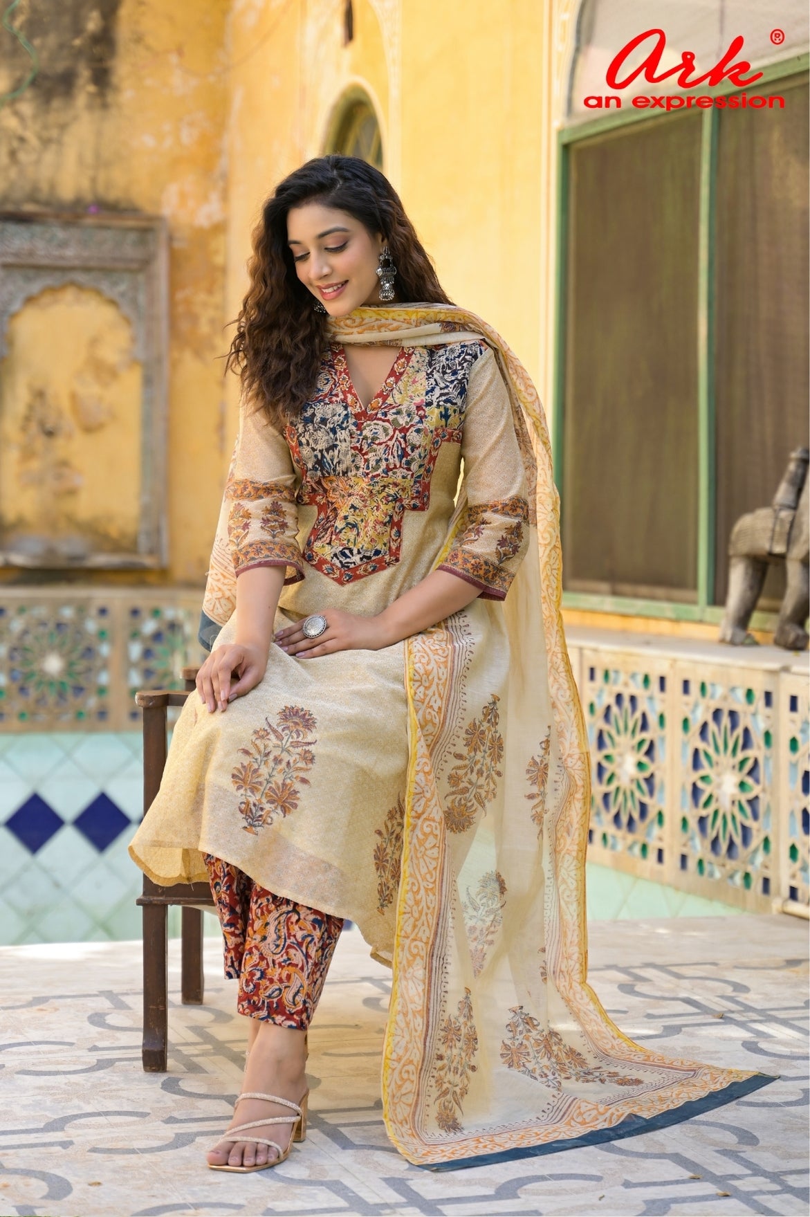 Beige Chanderi Suit Dupatta Set with Ajrak Patchwork & Printed Trouser – Festive & Semi-Formal Wear (M-3XL)