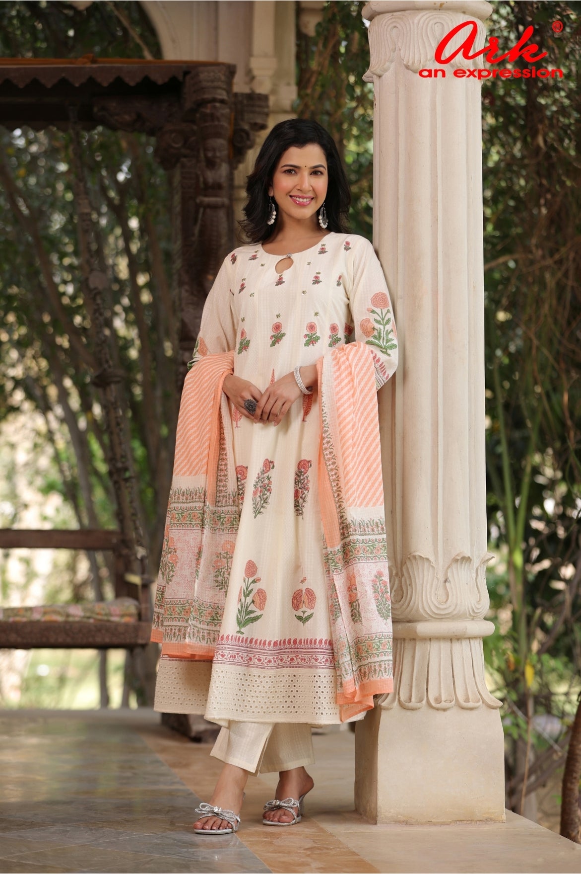 Offwhite Peach Hand Block Printed Cotton Anarkali Suit with Kota Dupatta – Women’s Ethnic Wear (M to 3XL)