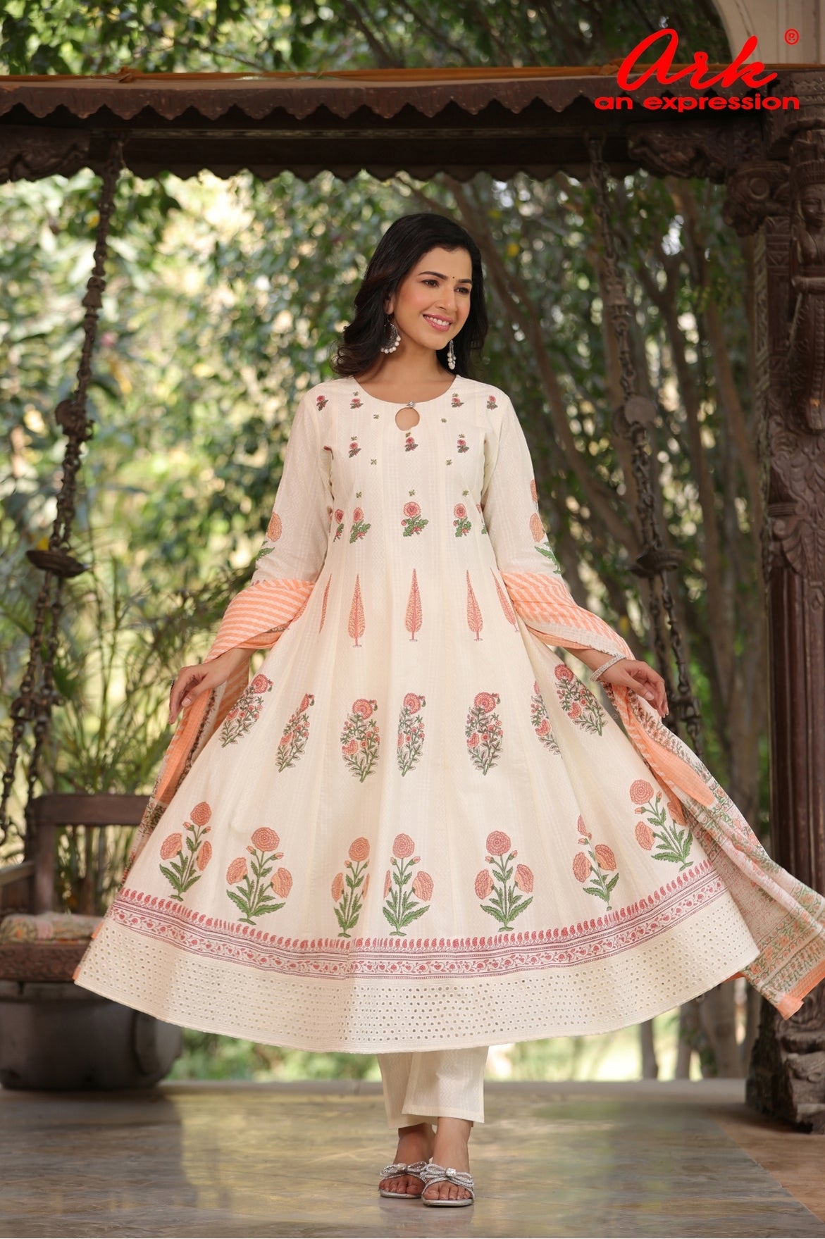 Offwhite Peach Hand Block Printed Cotton Anarkali Suit with Kota Dupatta – Women’s Ethnic Wear (M to 3XL)