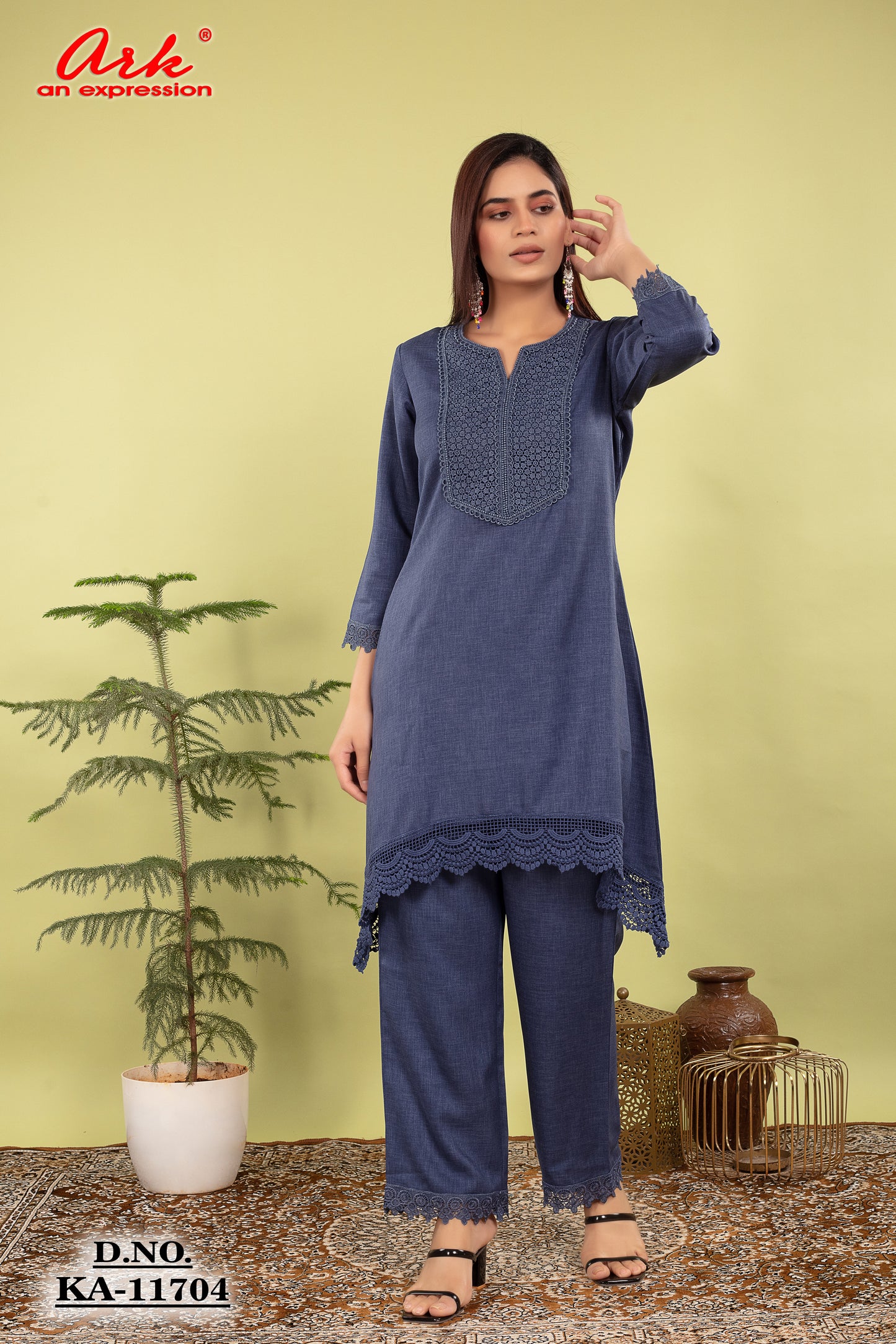 Denim Blue Cotton Lilen Coord Set with Lace Detailing | Label Anju Kumar