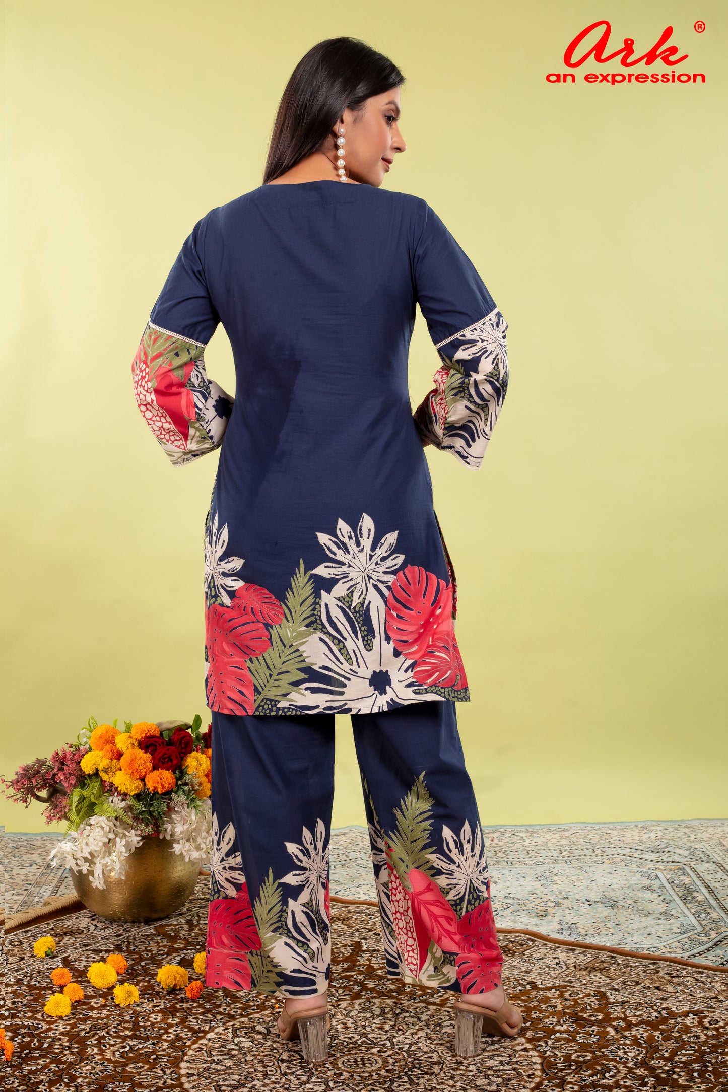 Navy Blue Pure Cotton Coord Set for Women | V-Neck Kurti with Dori Work | Ethnic Wear Set | M to 3XL