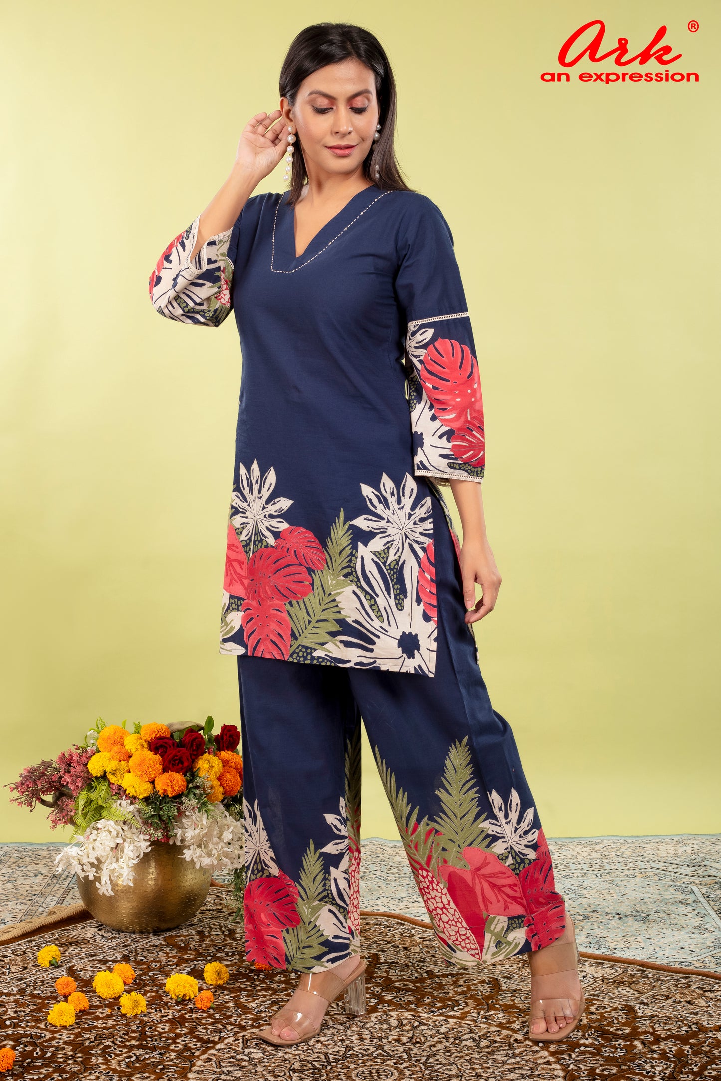 Navy Blue Pure Cotton Coord Set for Women | V-Neck Kurti with Dori Work | Ethnic Wear Set | M to 3XL