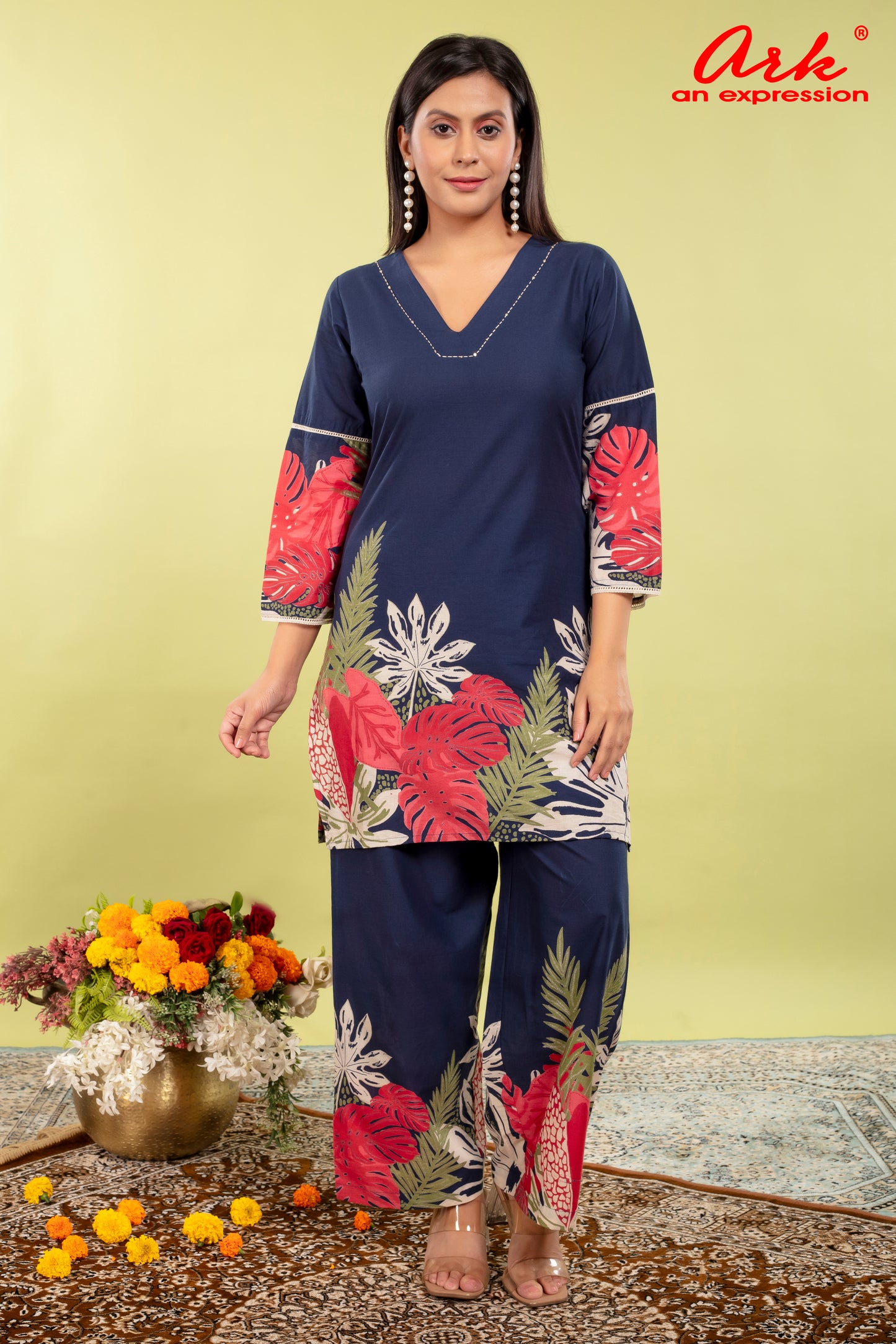 Navy Blue Pure Cotton Coord Set for Women | V-Neck Kurti with Dori Work | Ethnic Wear Set | M to 3XL