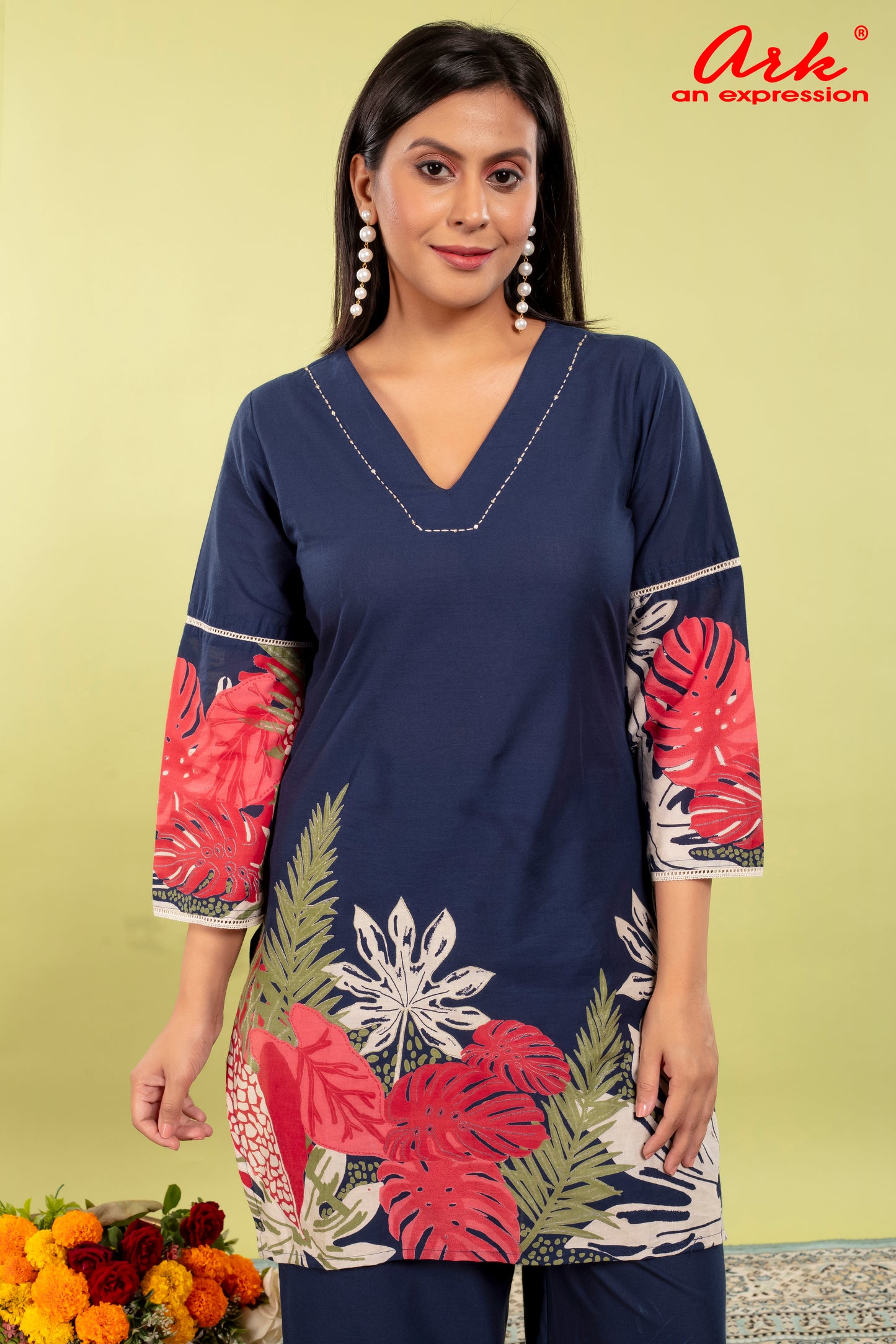 Navy Blue Pure Cotton Coord Set for Women | V-Neck Kurti with Dori Work | Ethnic Wear Set | M to 3XL