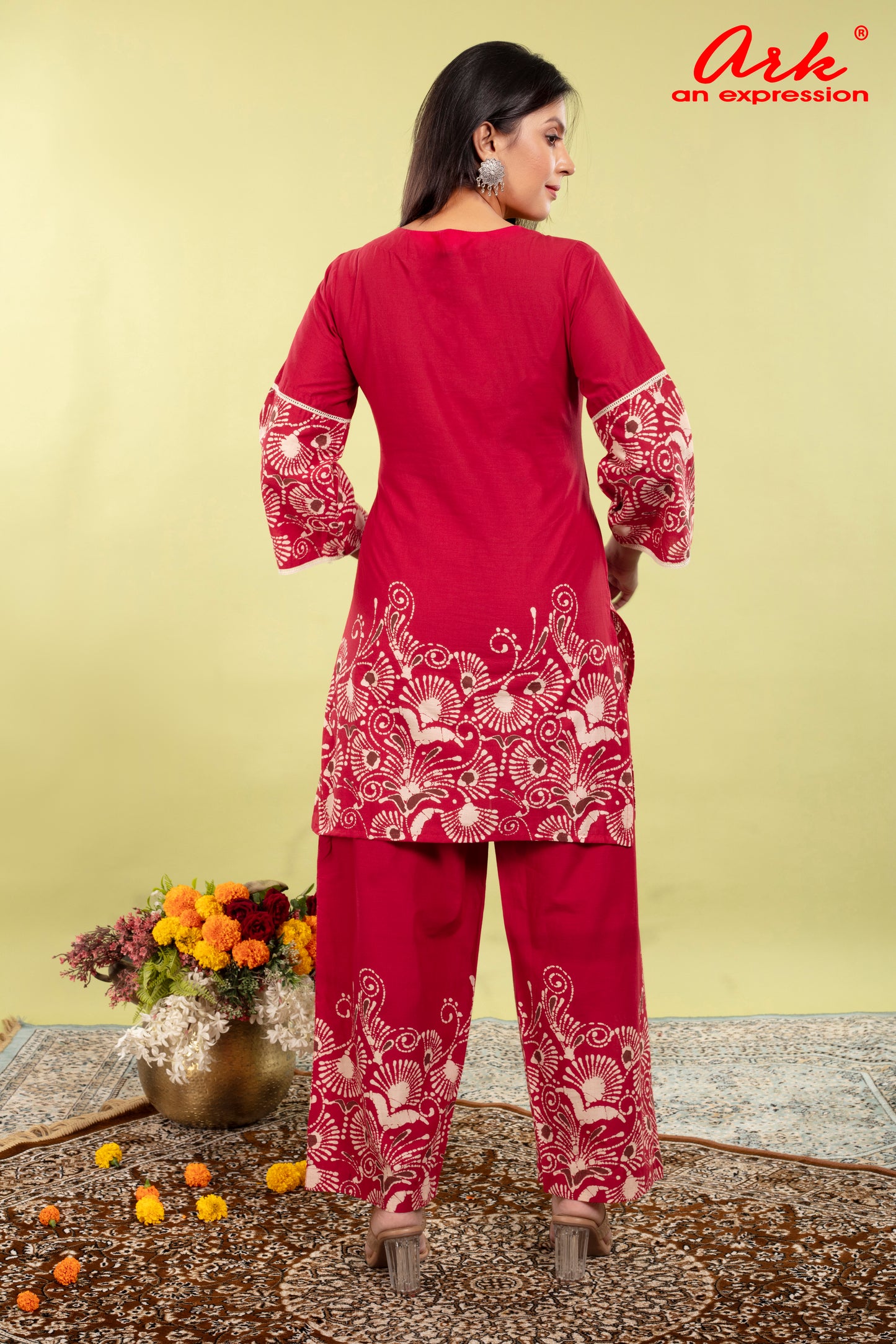 Red Pure Cotton Coord Set for Women | V-Neck Kurti with Dori Work | Ethnic Wear Set | M to 3XL
