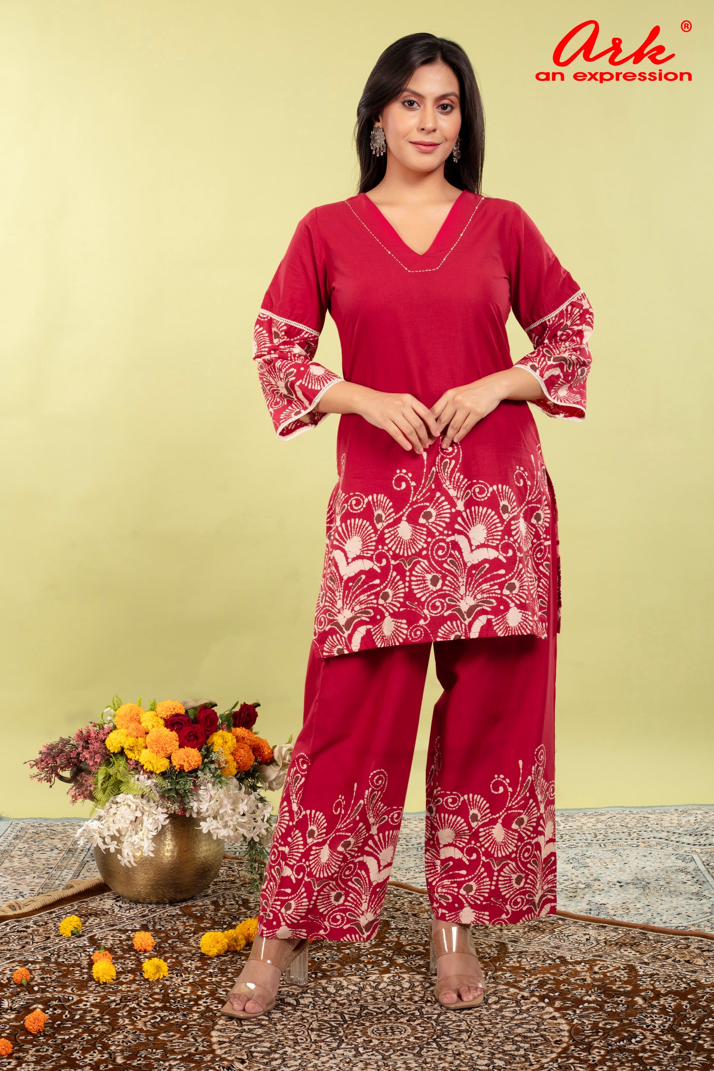 Red Pure Cotton Coord Set for Women | V-Neck Kurti with Dori Work | Ethnic Wear Set | M to 3XL