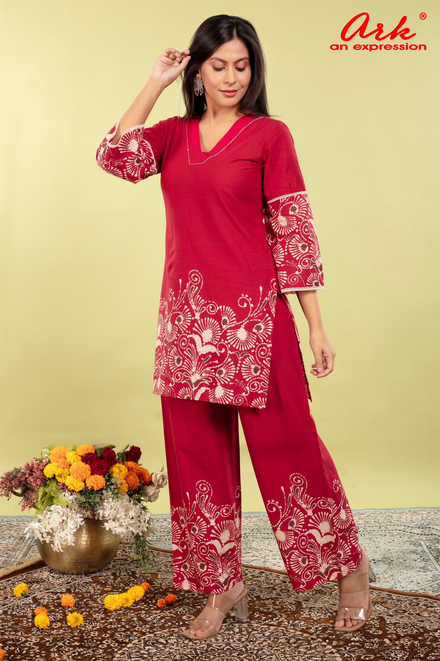 Red Pure Cotton Coord Set for Women | V-Neck Kurti with Dori Work | Ethnic Wear Set | M to 3XL