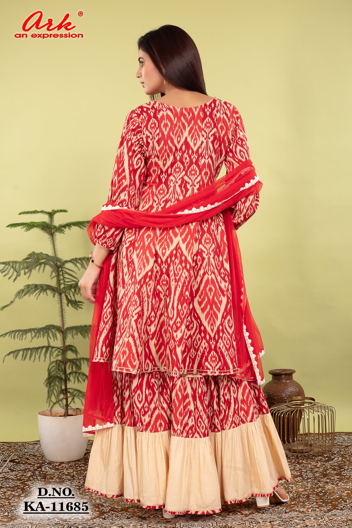 Red Cotton Printed Anarkali Kurti with Beige Sharara & Net Dupatta | Label Anju Kumar