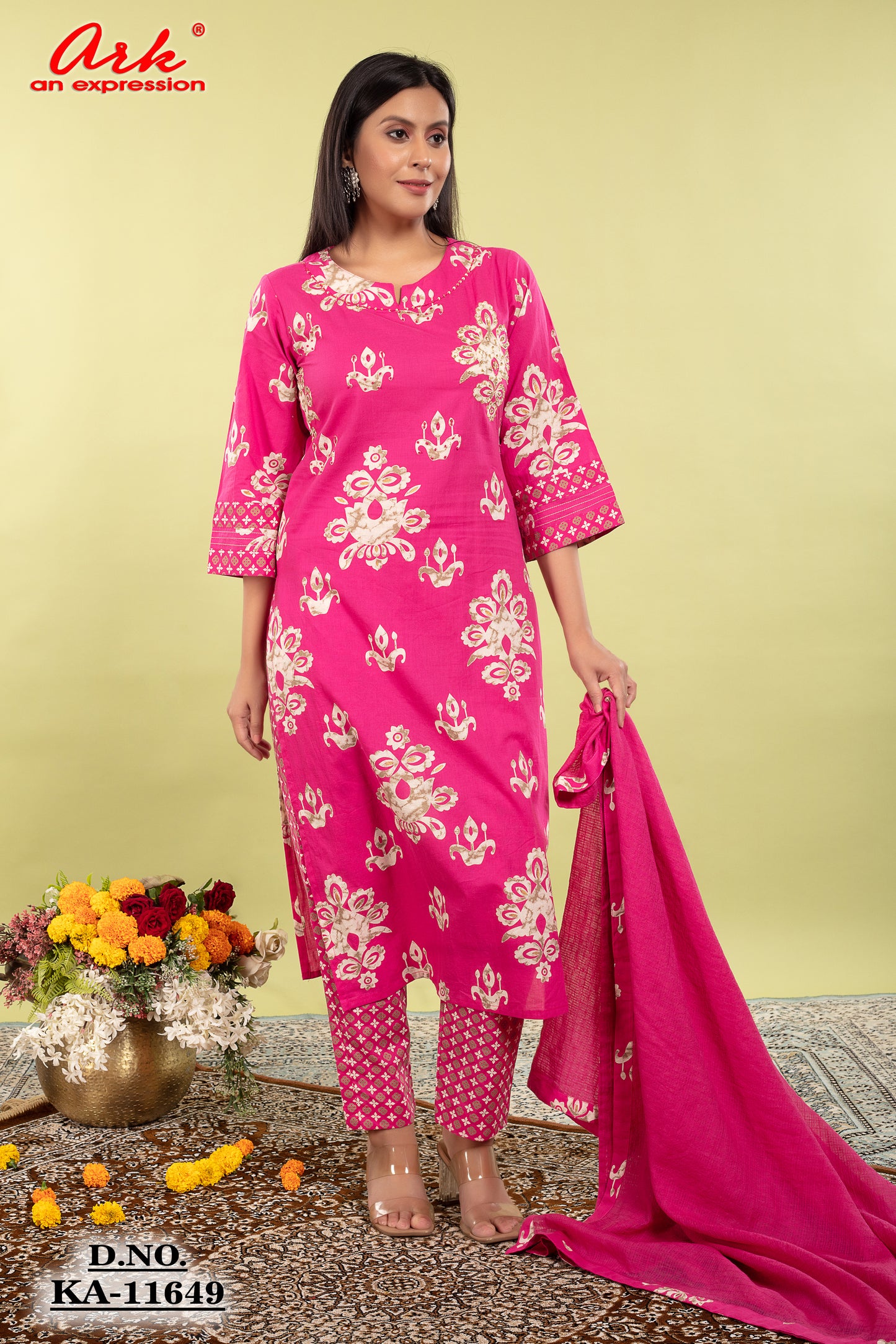 Majenta Pure Cotton Printed Straight Suit Dupatta Set with Highlight Work | Label Anju Kumar