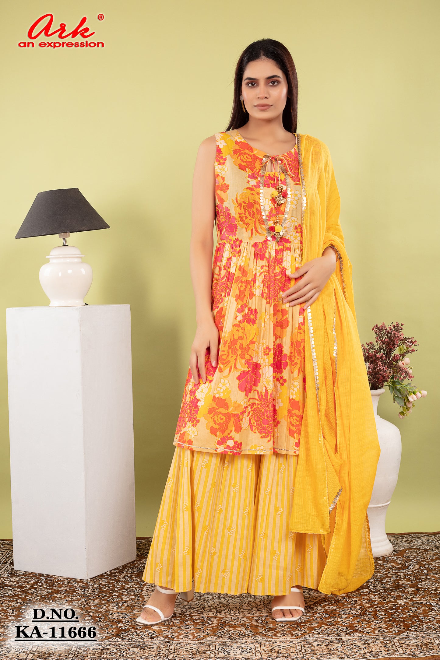 Yellow Multi-Print Pure Cotton Sharara Set with Dupatta & Lace Detailing | Label Anju Kumar