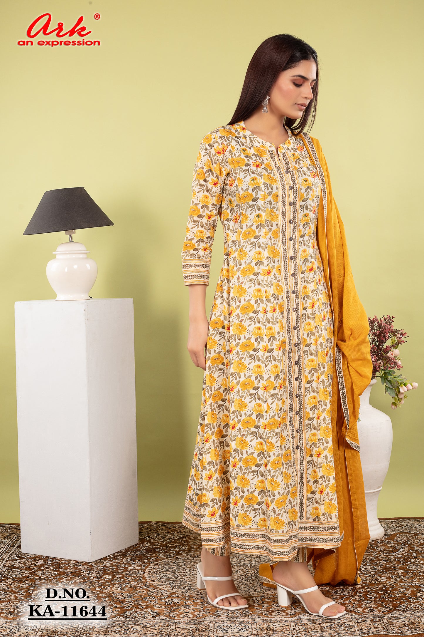 Yellow Mustard Printed Pure Cotton Anarkali Suit Dupatta Set | Label Anju Kumar