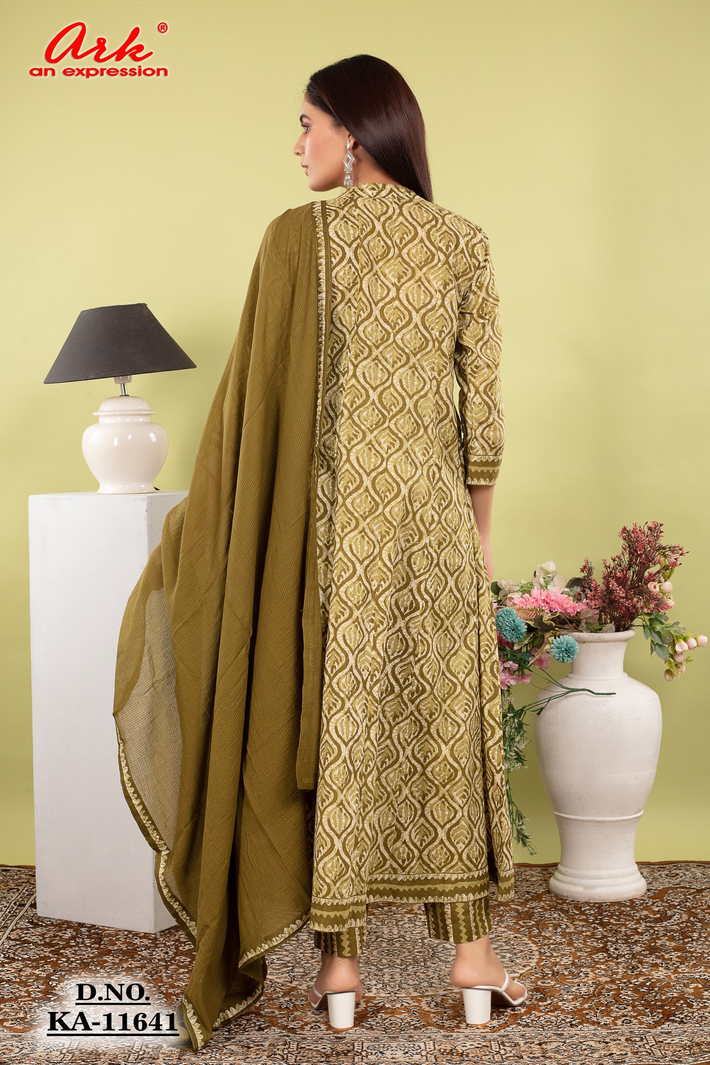 Green Pure Cotton Anarkali Suit Dupatta Set with Kota Doriya | Label Anju Kumar