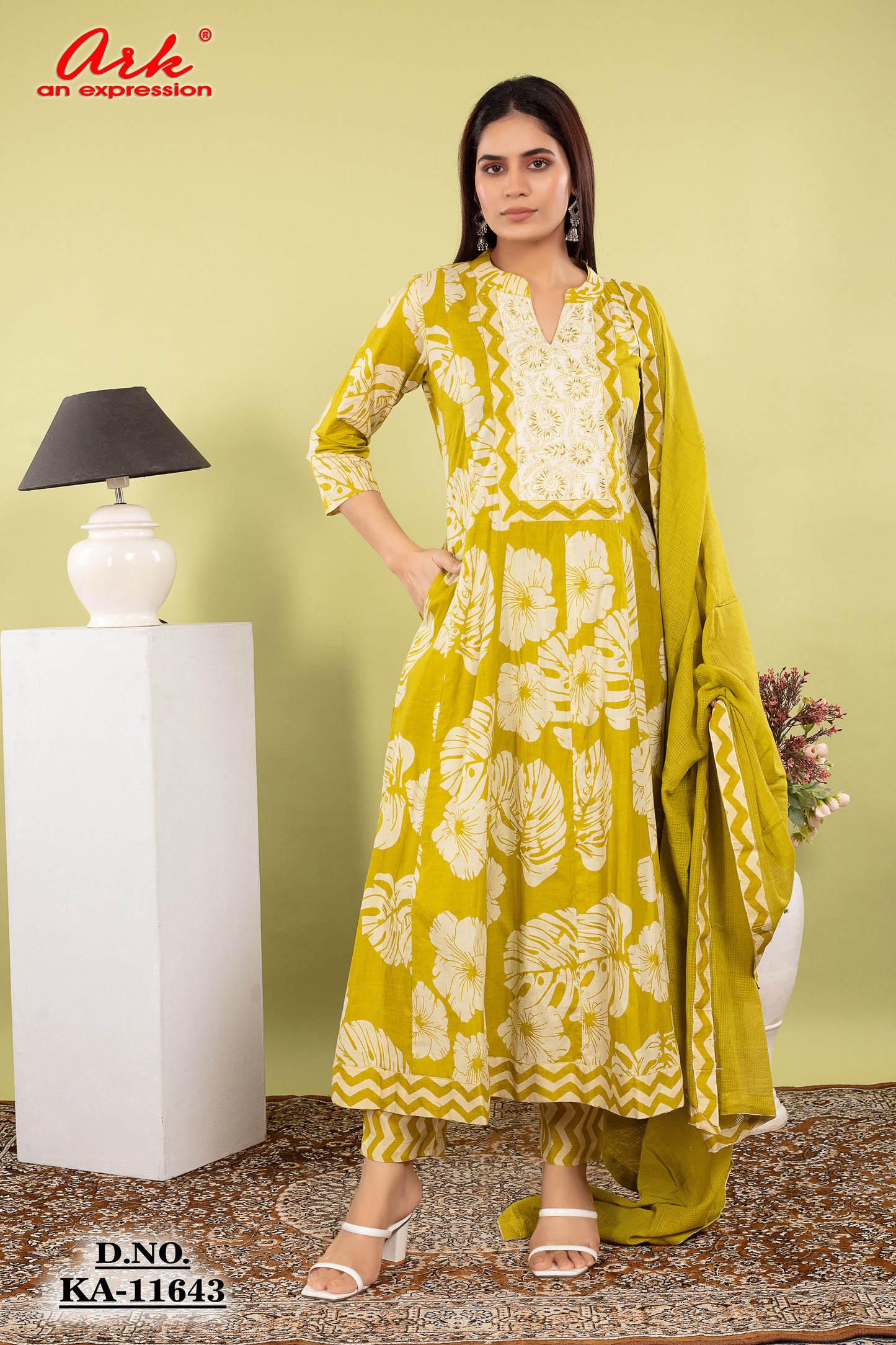 Green Cotton Anarkali Suit Dupatta Set with Kota Doriya | Label Anju Kumar