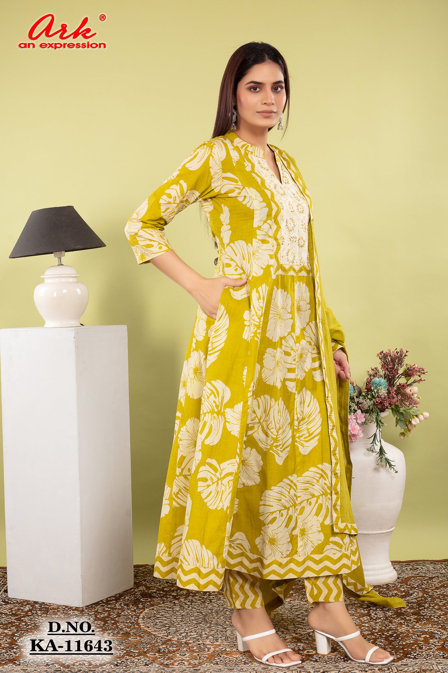 Green Cotton Anarkali Suit Dupatta Set with Kota Doriya | Label Anju Kumar