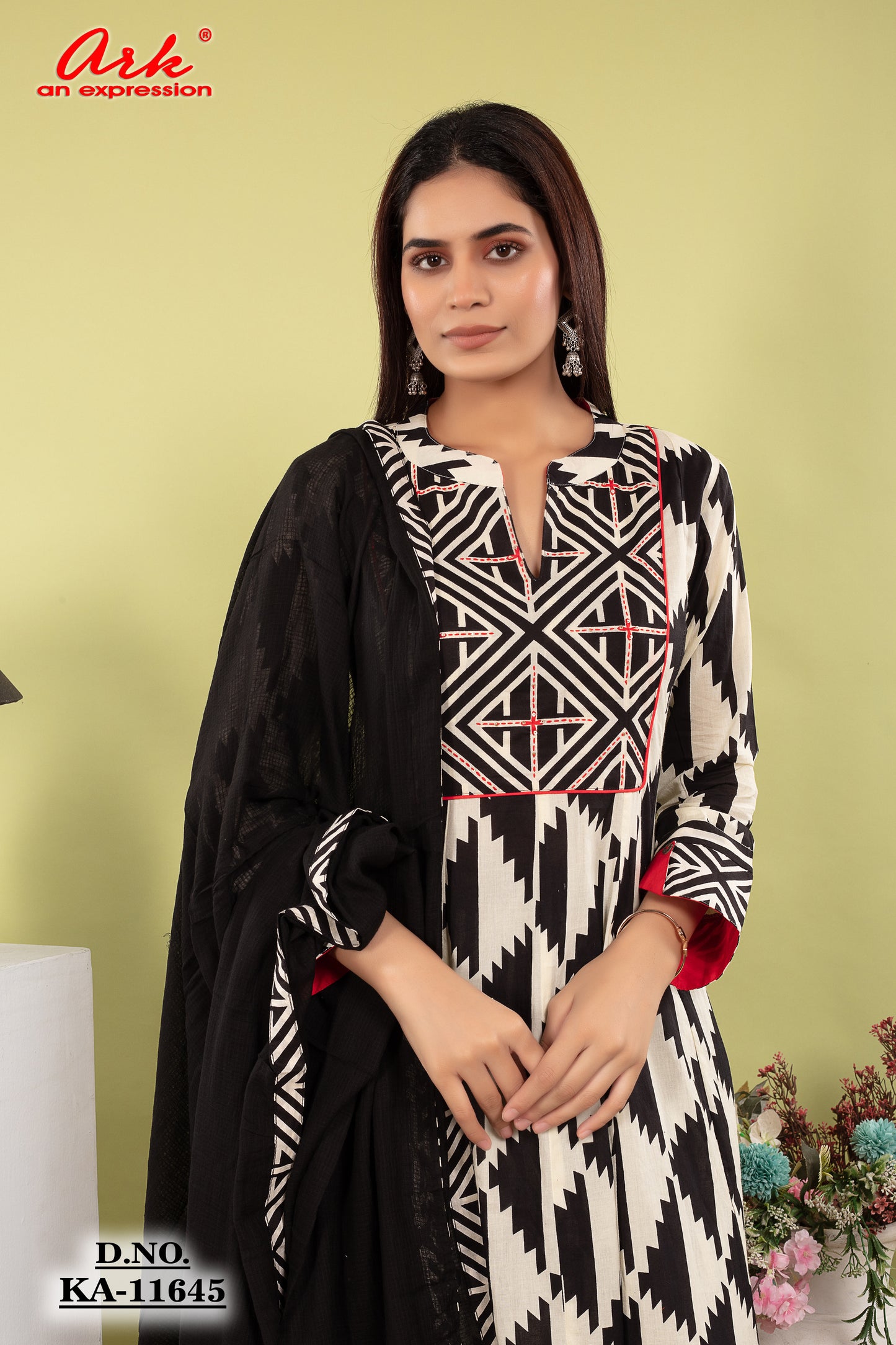 White–Black Print Pure Cotton Anarkali Suit Dupatta Set with Kota Doriya | Label Anju Kumar