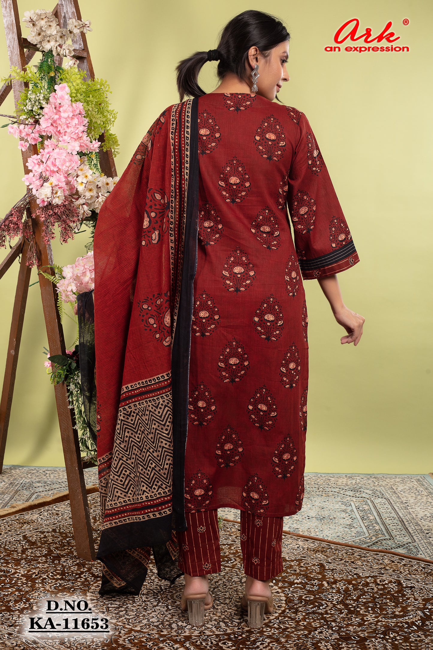 Rust Cotton Printed Straight Suit Dupatta Set with Highlight Work | Label Anju Kumar