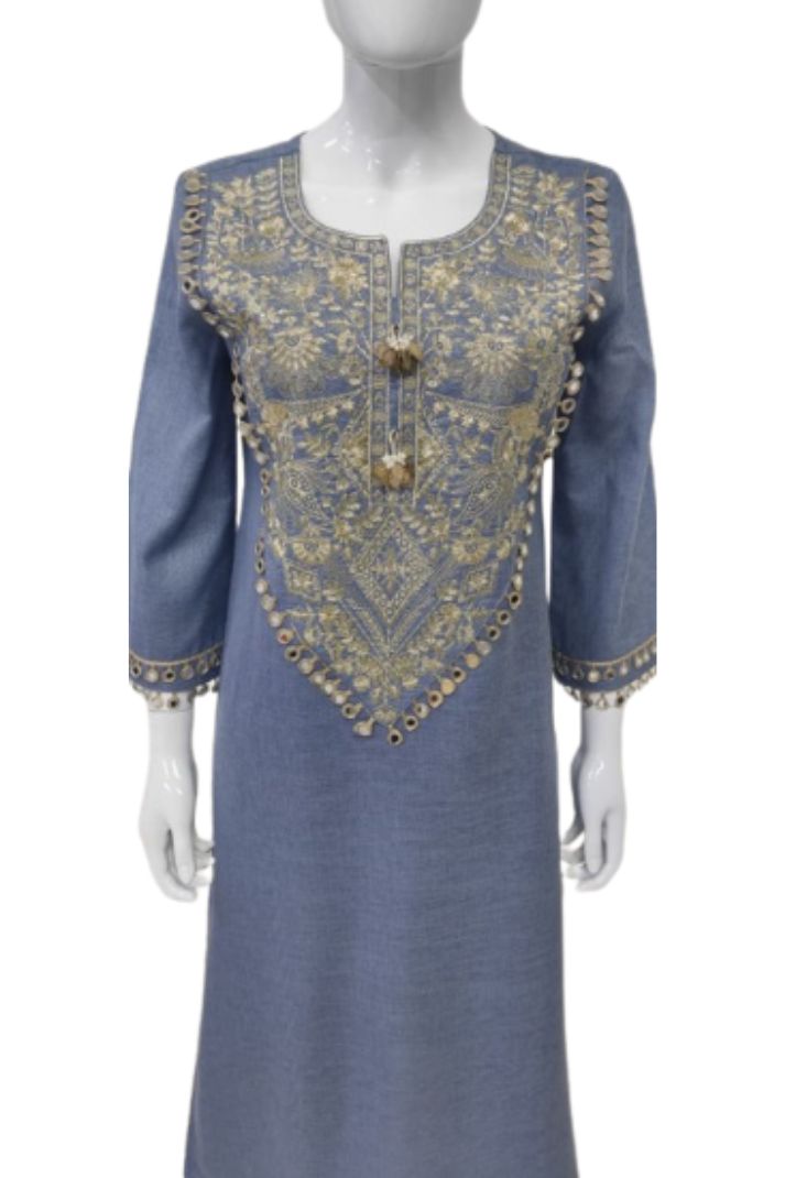 Light Denim Blue Cotton Lilen Long Kurti Dress – Kaftan Style with Embroidery & Lace Detailing