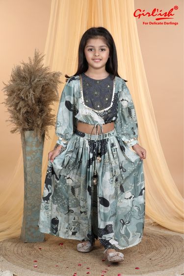 Green Printed Pure Muslin Fusion Crop Top & Gathered Palazzo Set for Girls
