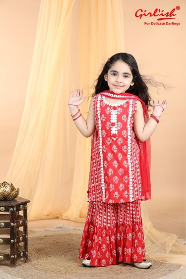 Red Cotton Printed Sharara Suit with Dupatta – Kids Ethnic Summer Wear | Label Anju Kumar