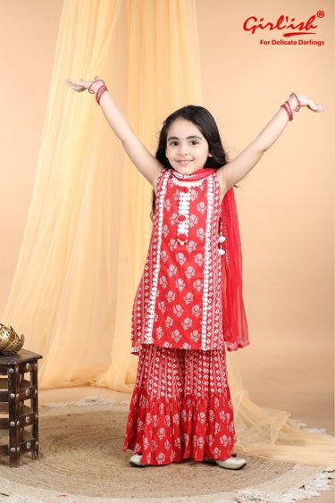 Red Cotton Printed Sharara Suit with Dupatta – Kids Ethnic Summer Wear | Label Anju Kumar