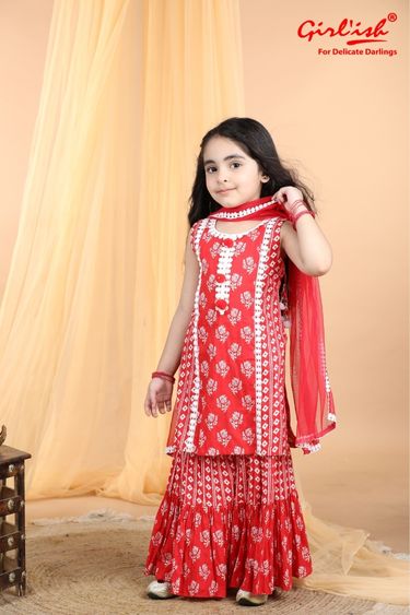 Red Cotton Printed Sharara Suit with Dupatta – Kids Ethnic Summer Wear | Label Anju Kumar