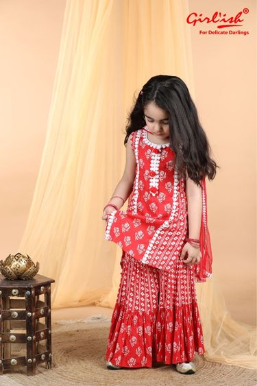 Red Cotton Printed Sharara Suit with Dupatta – Kids Ethnic Summer Wear | Label Anju Kumar