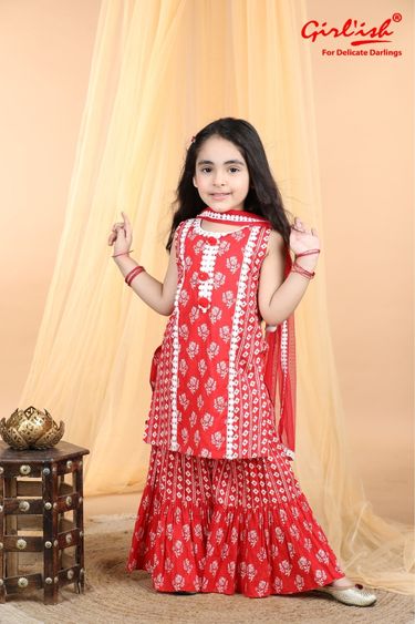 Red Cotton Printed Sharara Suit with Dupatta – Kids Ethnic Summer Wear | Label Anju Kumar