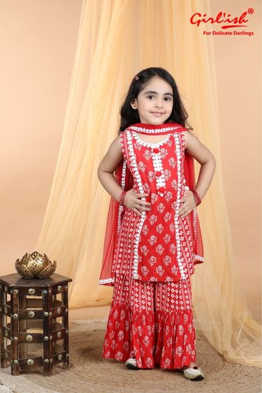 Red Cotton Printed Sharara Suit with Dupatta – Kids Ethnic Summer Wear | Label Anju Kumar