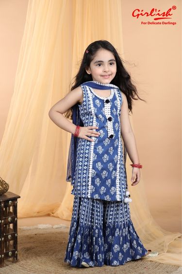 Blue Cotton Printed Sharara Suit with Dupatta – Summer Ethnic Wear for Girls | Label Anju Kumar