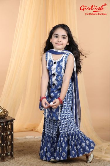 Blue Cotton Printed Sharara Suit with Dupatta – Summer Ethnic Wear for Girls | Label Anju Kumar