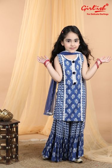 Blue Cotton Printed Sharara Suit with Dupatta – Summer Ethnic Wear for Girls | Label Anju Kumar
