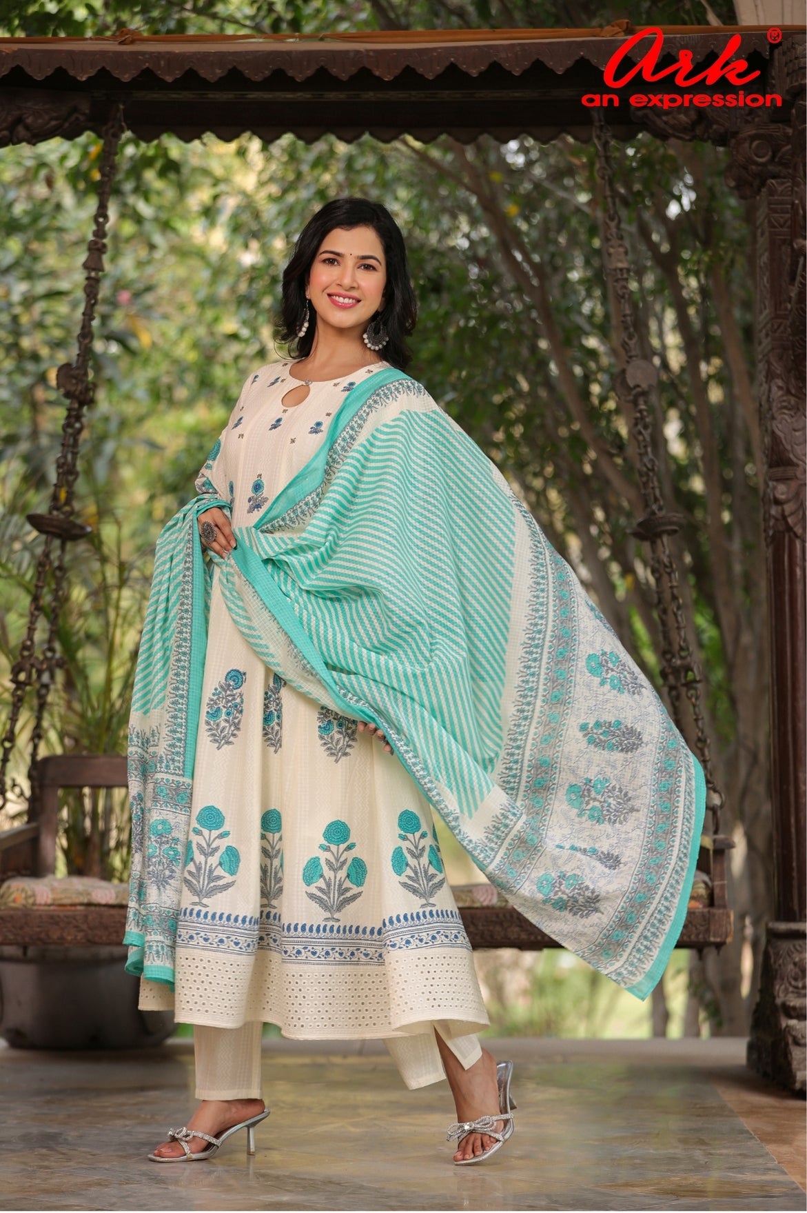 Offwhite Cotton Hand Block Printed Anarkali Suit Set with Kota Dupatta – Women’s Ethnic Wear | Label Anju Kumar