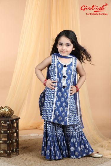 Blue Cotton Printed Sharara Suit with Dupatta – Summer Ethnic Wear for Girls | Label Anju Kumar