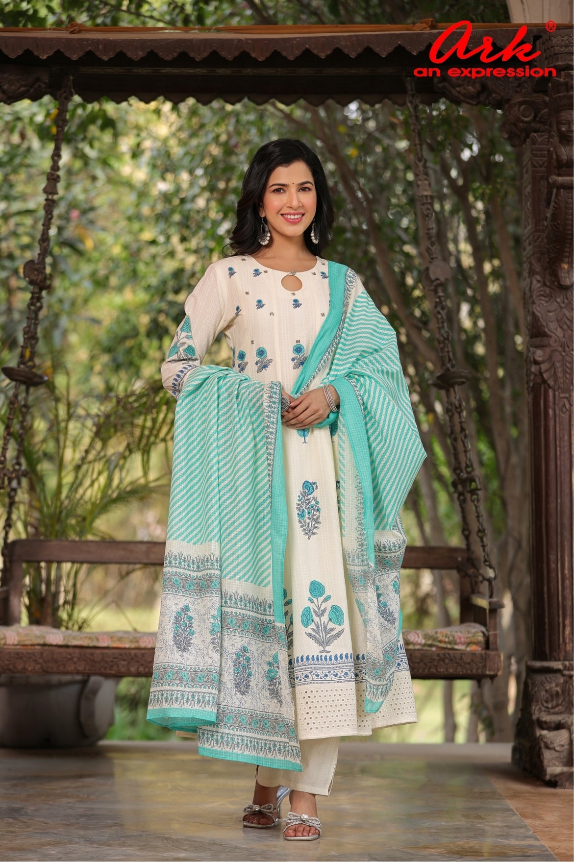 Offwhite Cotton Hand Block Printed Anarkali Suit Set with Kota Dupatta – Women’s Ethnic Wear | Label Anju Kumar