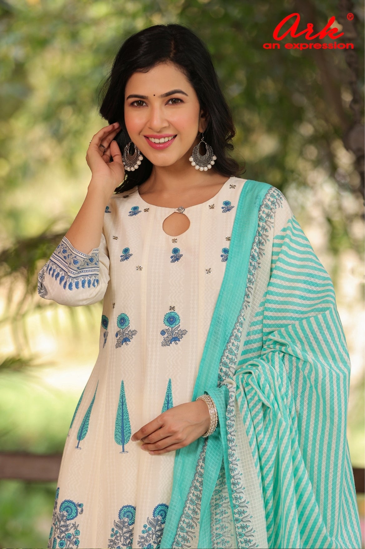Offwhite Cotton Hand Block Printed Anarkali Suit Set with Kota Dupatta – Women’s Ethnic Wear | Label Anju Kumar