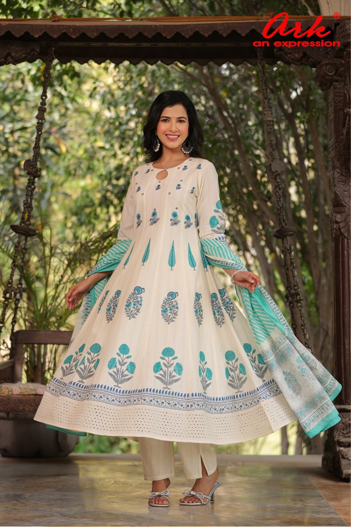Offwhite Cotton Hand Block Printed Anarkali Suit Set with Kota Dupatta – Women’s Ethnic Wear | Label Anju Kumar