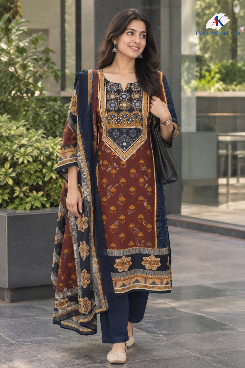 Blue Pure Cotton A-Line Suit with Mirror Work & Printed Dupatta
