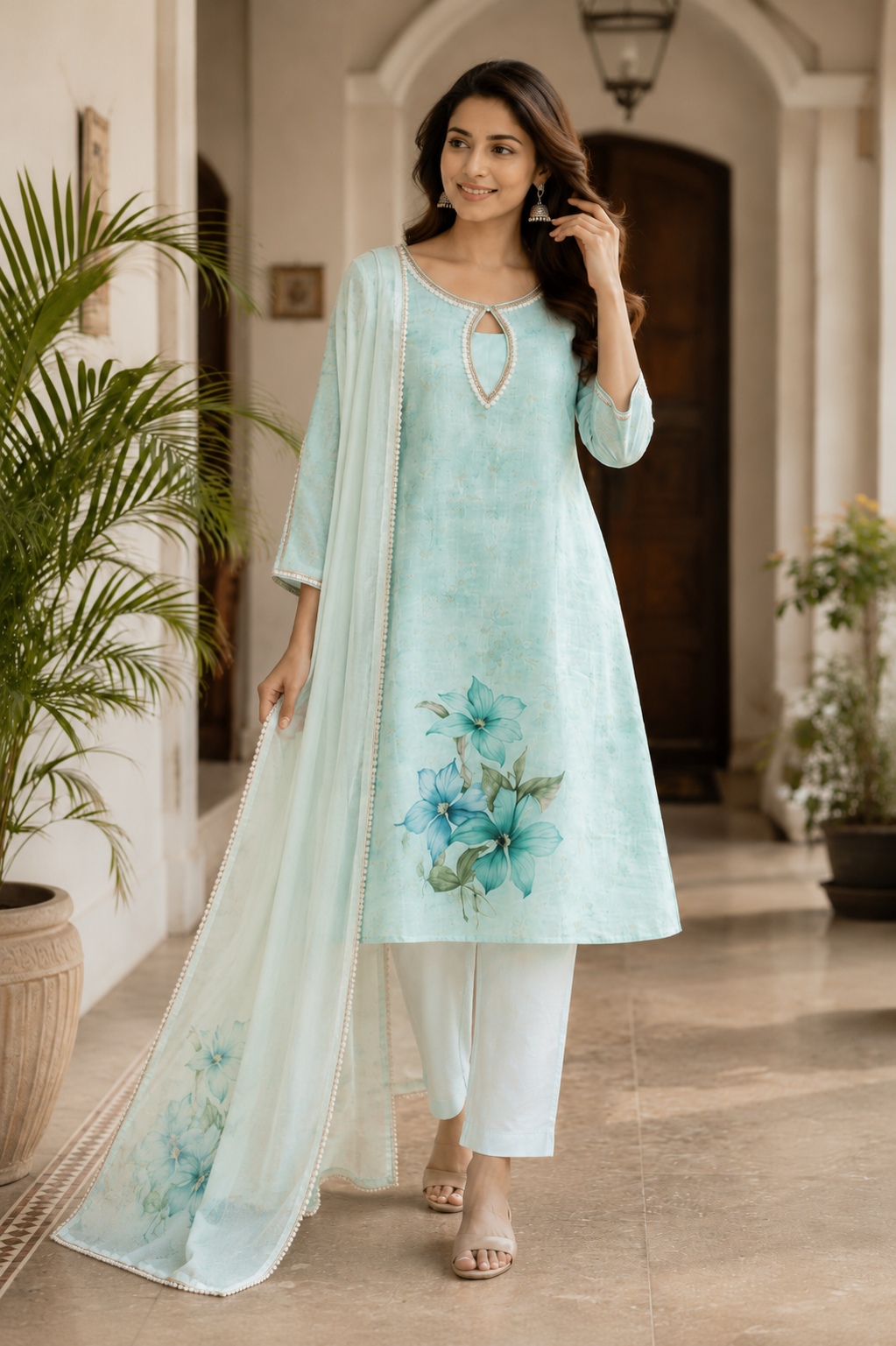 Sky Linen Digital Print Suit Dupatta Set with Lace Detailing