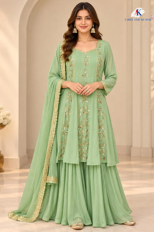 Mouse Pure Chinon Short Anarkali Suit with Sharara & Organza Dupatta