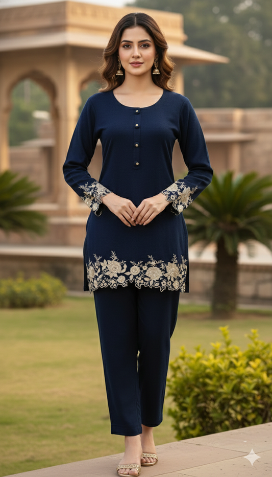 Woollen Coord Set with Thread Embroidery – Women’s Winter Wear | Label Anju Kumar