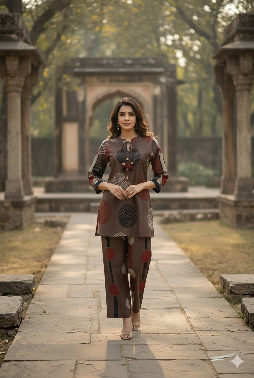 Rust Pure Cotton Geometrical Printed Coord Set with Dori Work