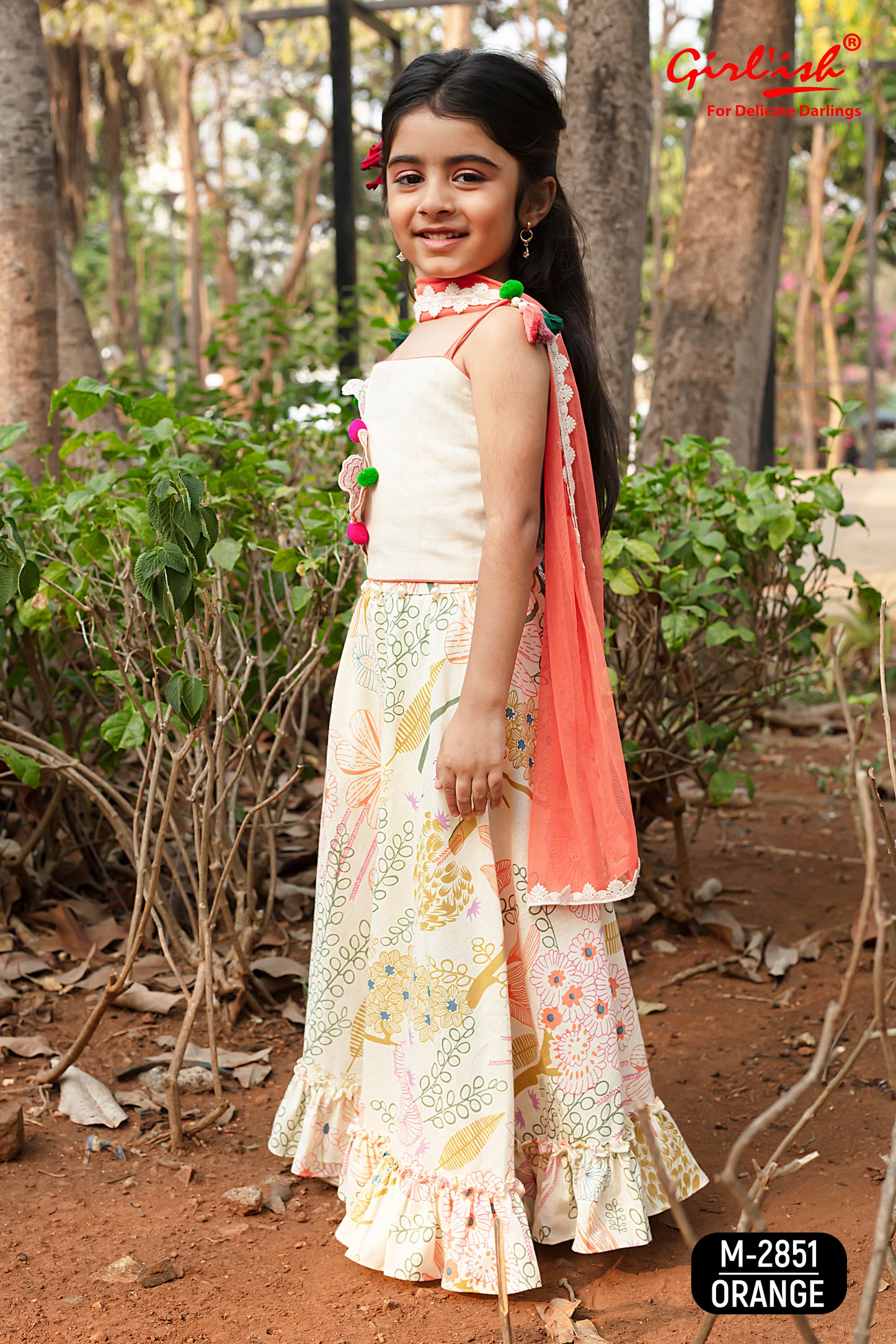 Off-White Cotton Choli with Orange Multicolour Printed Lehenga & Dupatta – Kids Ethnic Wear | Label Anju Kumar