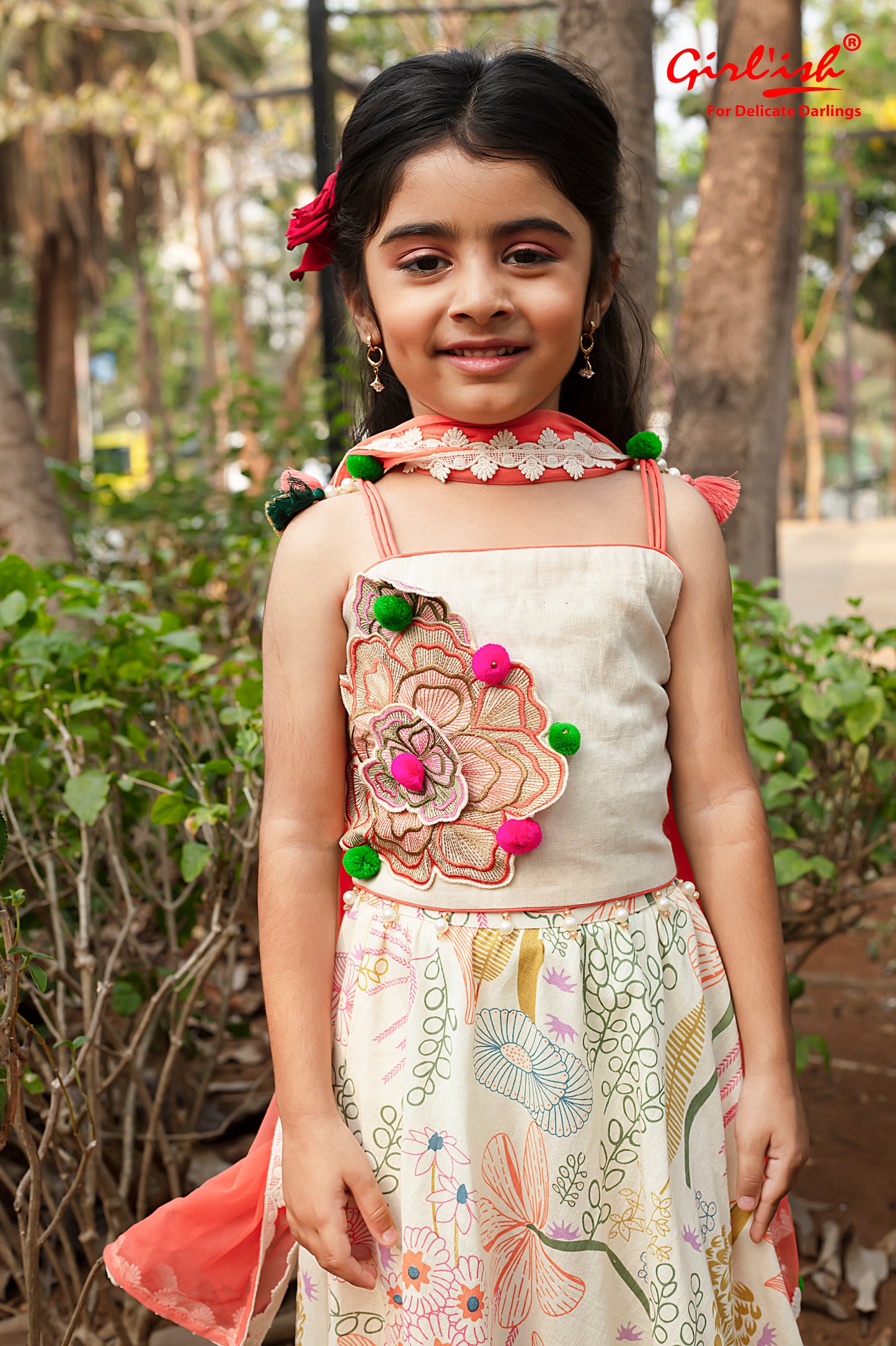Off-White Cotton Choli with Orange Multicolour Printed Lehenga & Dupatta – Kids Ethnic Wear | Label Anju Kumar