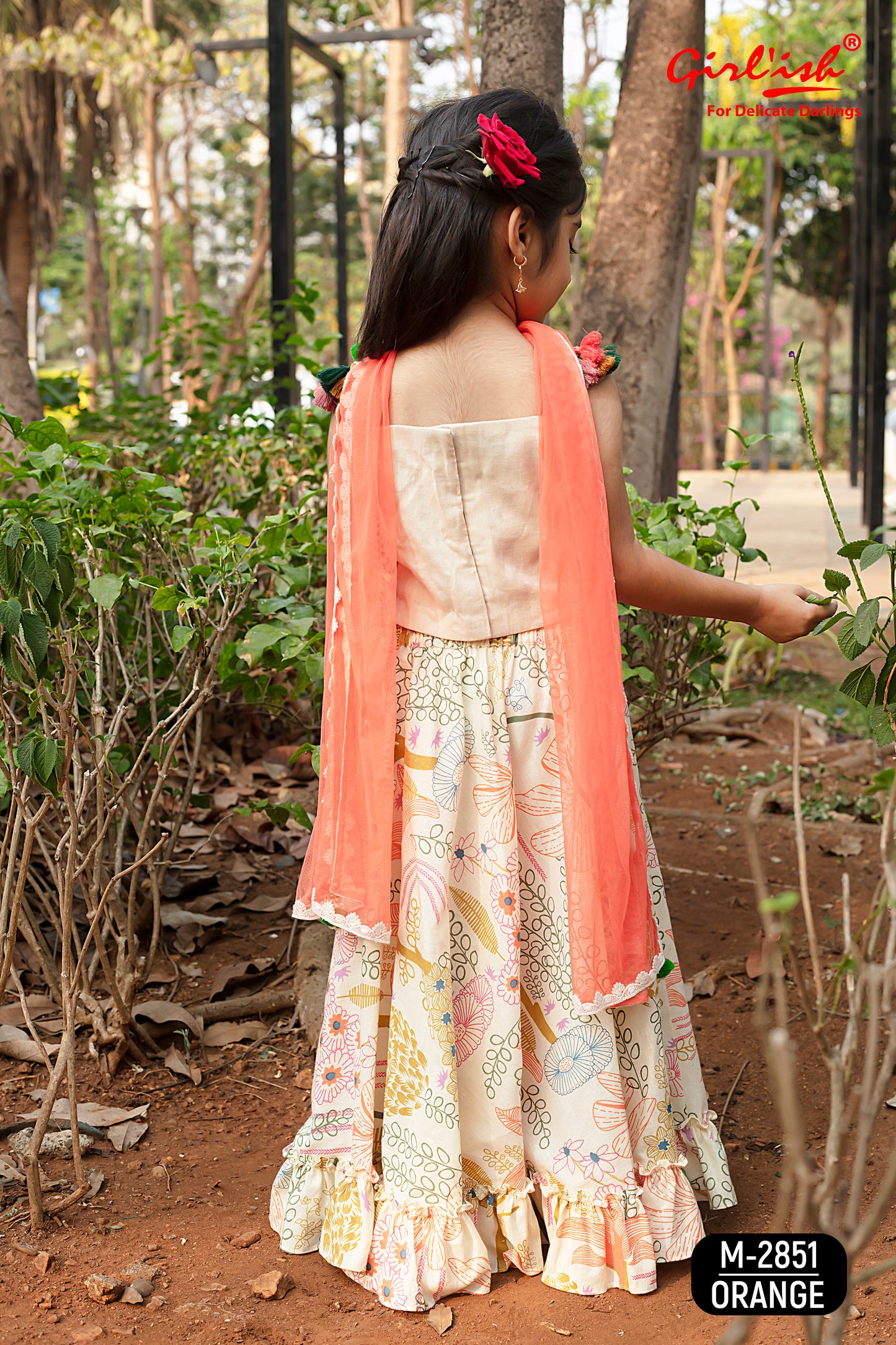 Off-White Cotton Choli with Orange Multicolour Printed Lehenga & Dupatta – Kids Ethnic Wear | Label Anju Kumar