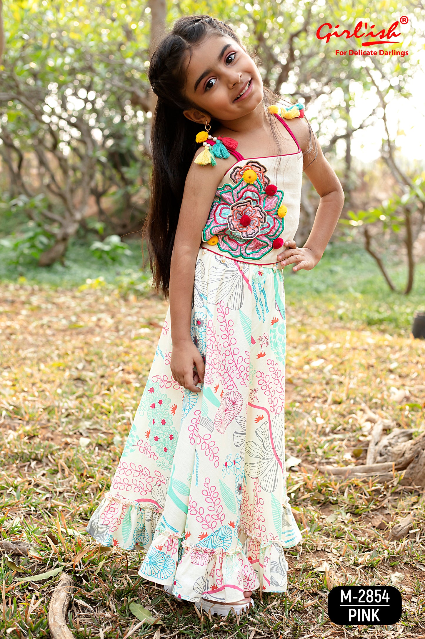 Off-White Cotton Choli with Multicolour Printed Lehenga & Dupatta – Kids Ethnic Wear | Label Anju Kumar