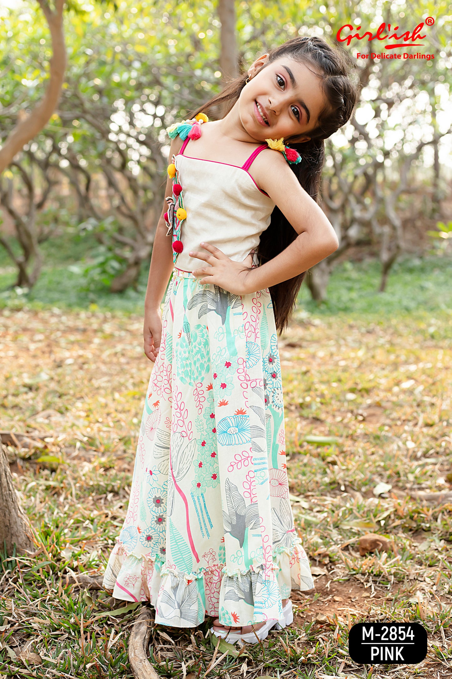 Off-White Cotton Choli with Multicolour Printed Lehenga & Dupatta – Kids Ethnic Wear | Label Anju Kumar