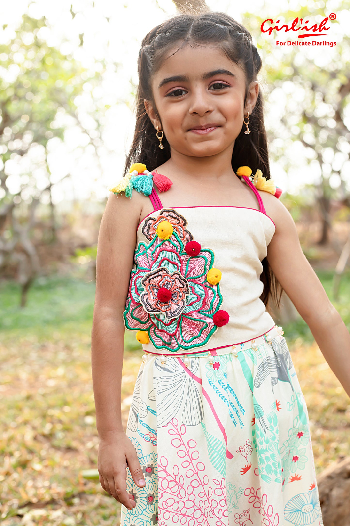 Off-White Cotton Choli with Multicolour Printed Lehenga & Dupatta – Kids Ethnic Wear | Label Anju Kumar