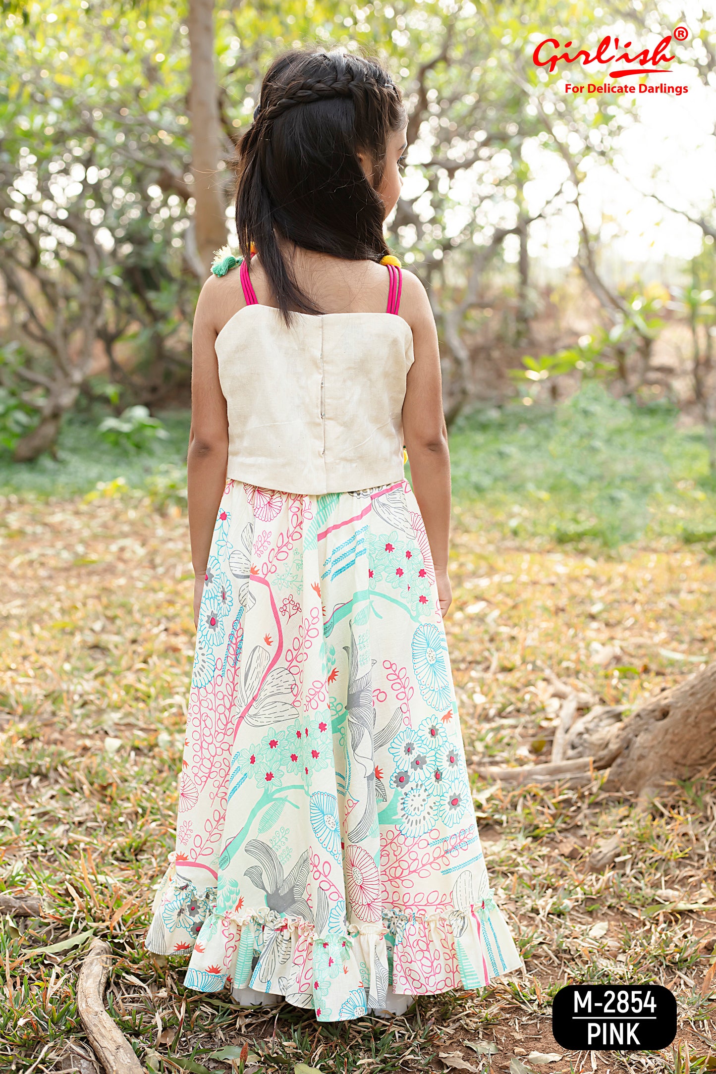 Off-White Cotton Choli with Multicolour Printed Lehenga & Dupatta – Kids Ethnic Wear | Label Anju Kumar